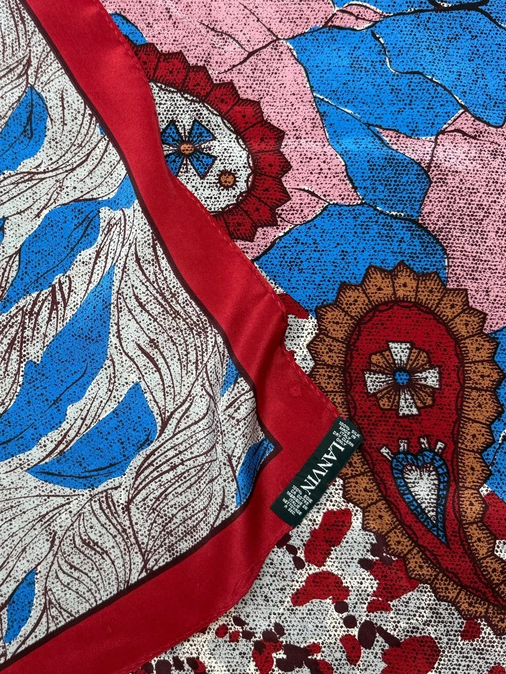 Lanvin Paris 100% Silk Italy Abstract Paisley Print Square Scarf Red Blue 30x29